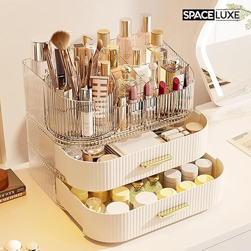 Miniatura 3 de SpaceLuxe Organizador de maquillaje con cajones y soporte giratorio de 360 para brochas, almacenamiento cosmético de gran capacidad para tocador,
