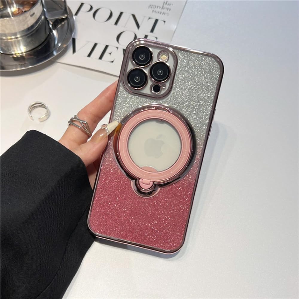 Coque iPhone 14 transparente paillettes avec support de support magnétique rose - 7