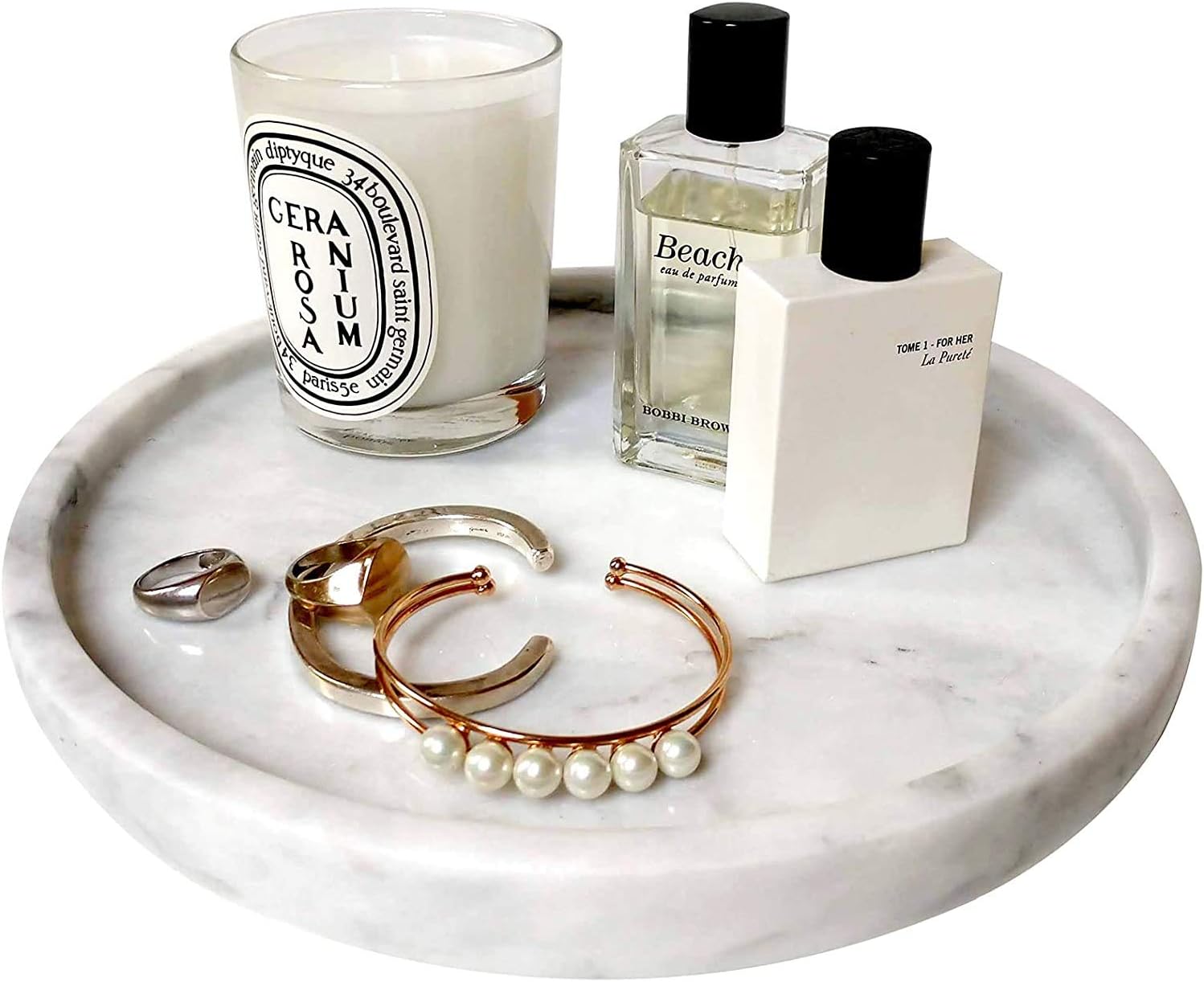 LAMAC CRAFTS 10" Round 100% Genuine Marble Vanity Tray, Bathroom Tray, Jewelry Perfume Watch Tray (White)