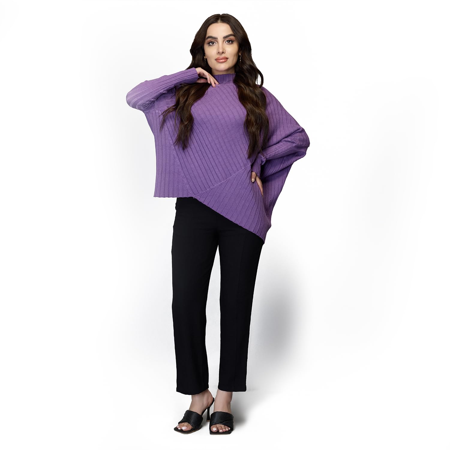 Women’s Ribbed Knit Relaxed Fit Pullover Sweater, Asymmetric High Neck Winterwear-image-16