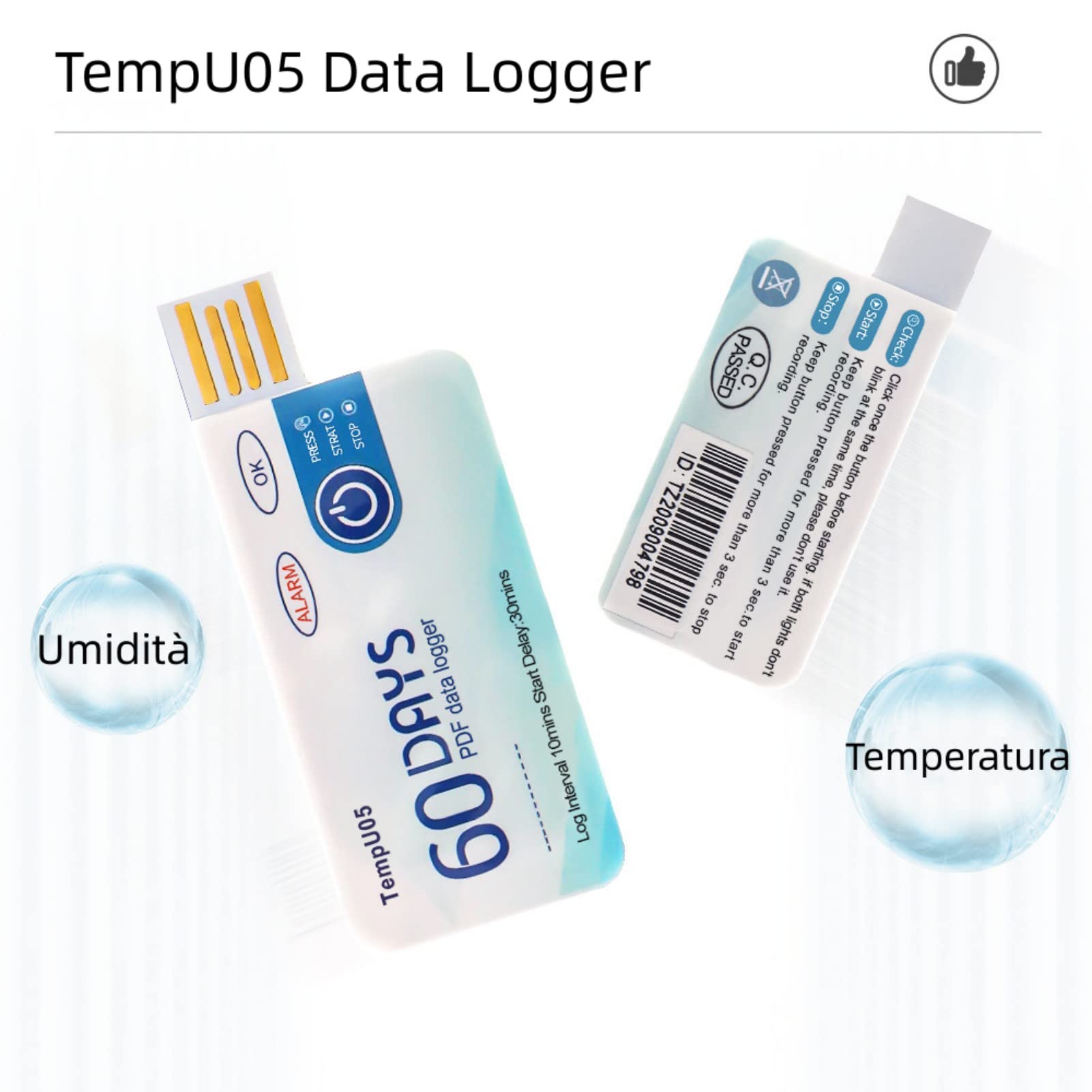 TempU05 Registratore di Dati di Temperatura USB Monouso, Registratore di Dati ad Alta Precisione Registratore di Temperatura per il Monitoraggio di Alimenti, Farmaci, Prodotti Chimici