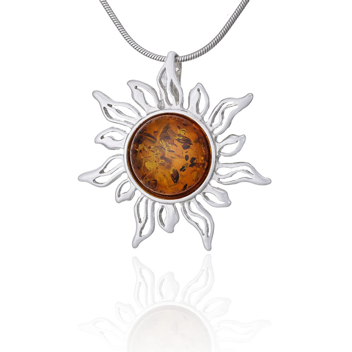 collana d'ambra da donna, argento 925, ciondolo a forma di sole d'ambra su catenina, set pronto da regalare