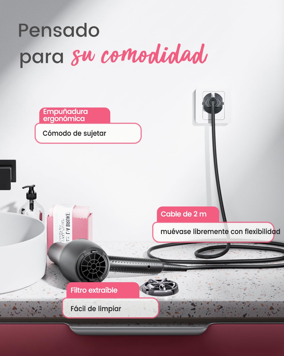 Dekuri Secador Pelo Profesional, Secadores Iónico Cabello Sin Encrespamiento, Hair Dryer con Difusor y Boquillas, 3 Temperaturas y 2 Velocidades para Mujeres y Hombres, Secado Rápido Salón | Secador de pelo con 1 difusor, 2 boquillas, 3 niveles de calor y