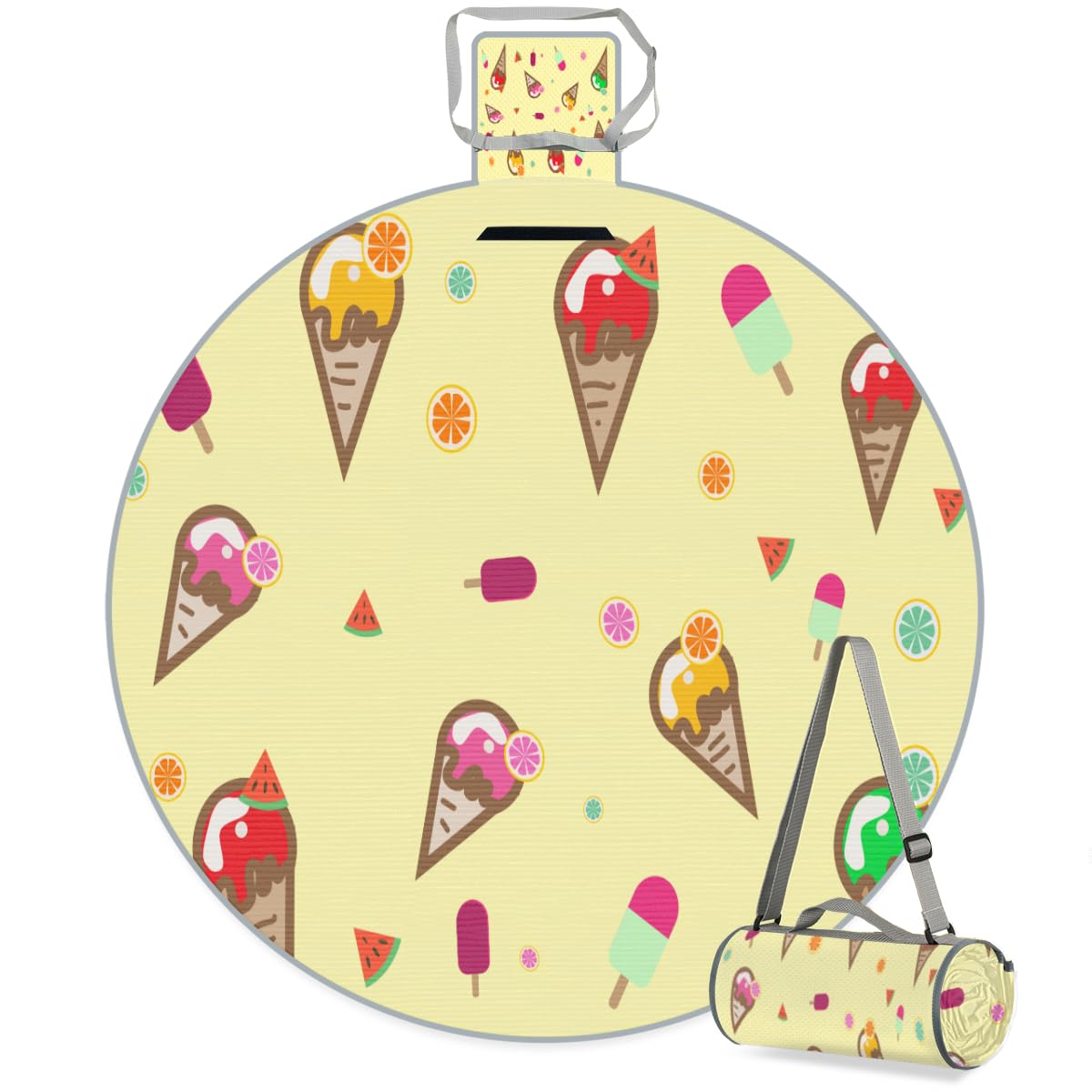 Shimoshe Watermelon Ice Cream Summer Picnic Outdoor Blanket Foldable Waterproof Sandproof Beach Blanket Portable Water-Resistant Round Picnic Mat for Travel Camping Park Lawn