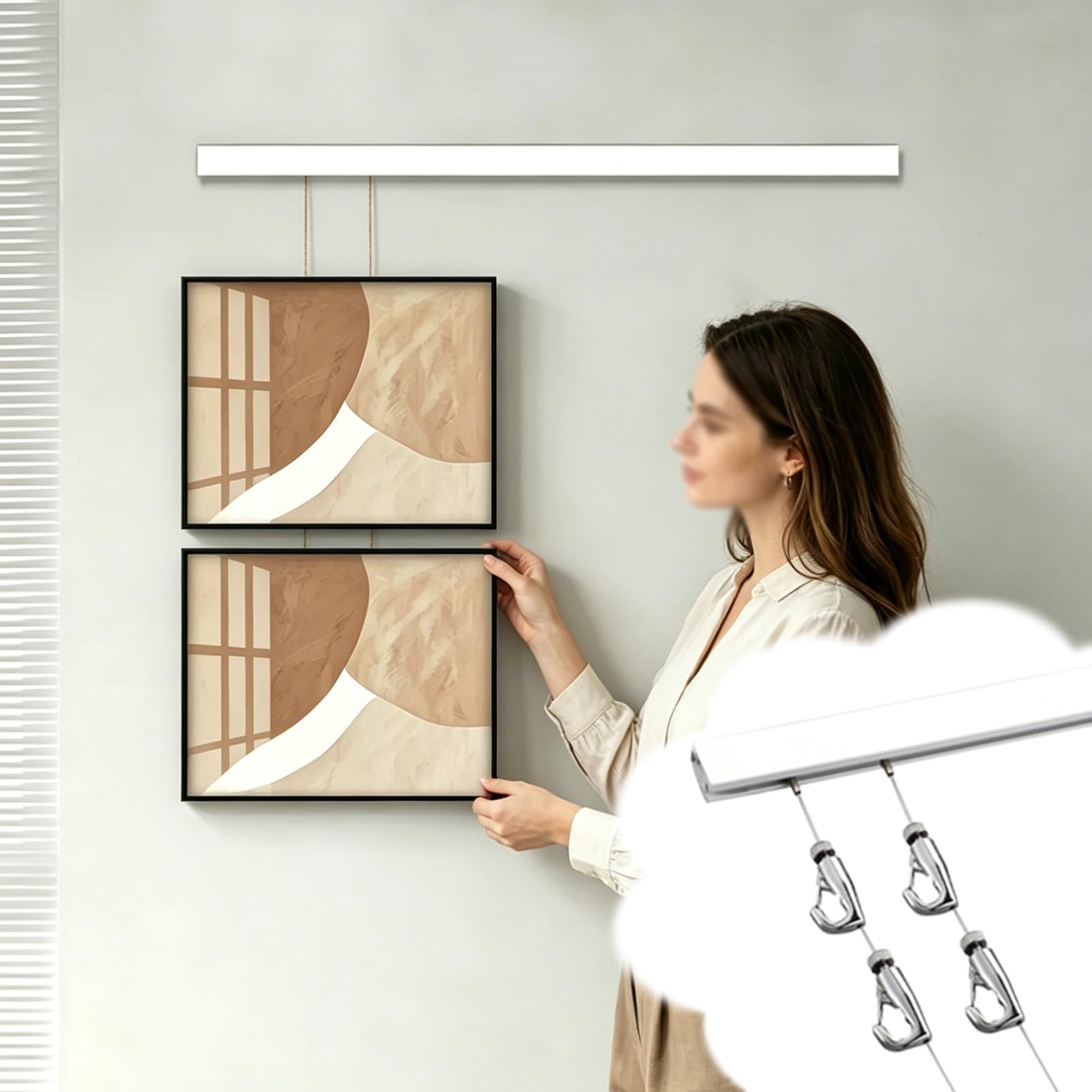 Movable Home Wall Art Hanging Kit, Multiple Photo/ Mirror Frame/ Picture Rail Hanging System, Cuttable Painting Display Bracket w/ Hook(6.5'/2m Cable,24"/61cm Track)