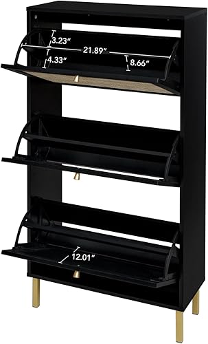 Miniatura 3 de ZeHuoGe Zapatero de ratán natural con 3 cajones abatibles, armario de almacenamiento estrecho negro con patas de metal para tacones, zapatillas,