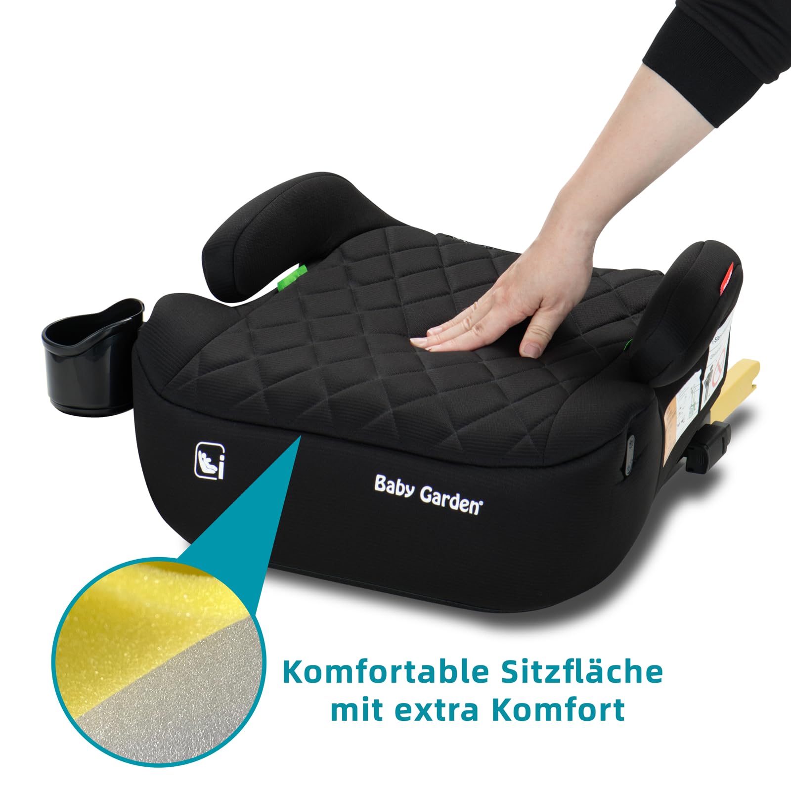 Baby Garden Kindersitzerhöhung mit ISOFIX, 125-150 cm (22–36 kg), Gruppe 2 und 3, mit Armlehnen, Getränkehalter & Gurt-Nackenschutz - i-Size geprüft - Schwarz