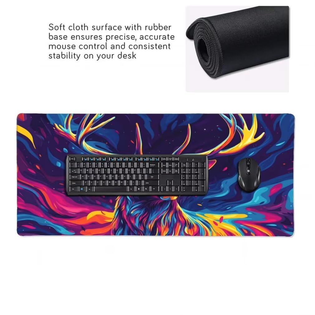 Tappetino Mouse XXL 1200x600mm Blu Grande Mouse Pad, Tappetino Scrivania Grande Mousepad Gaming con Bordi Cuciti, Tappeto Scrivania con Base Antiscivolo per Ufficio e Casa (Cervo Colorato) -MP1590