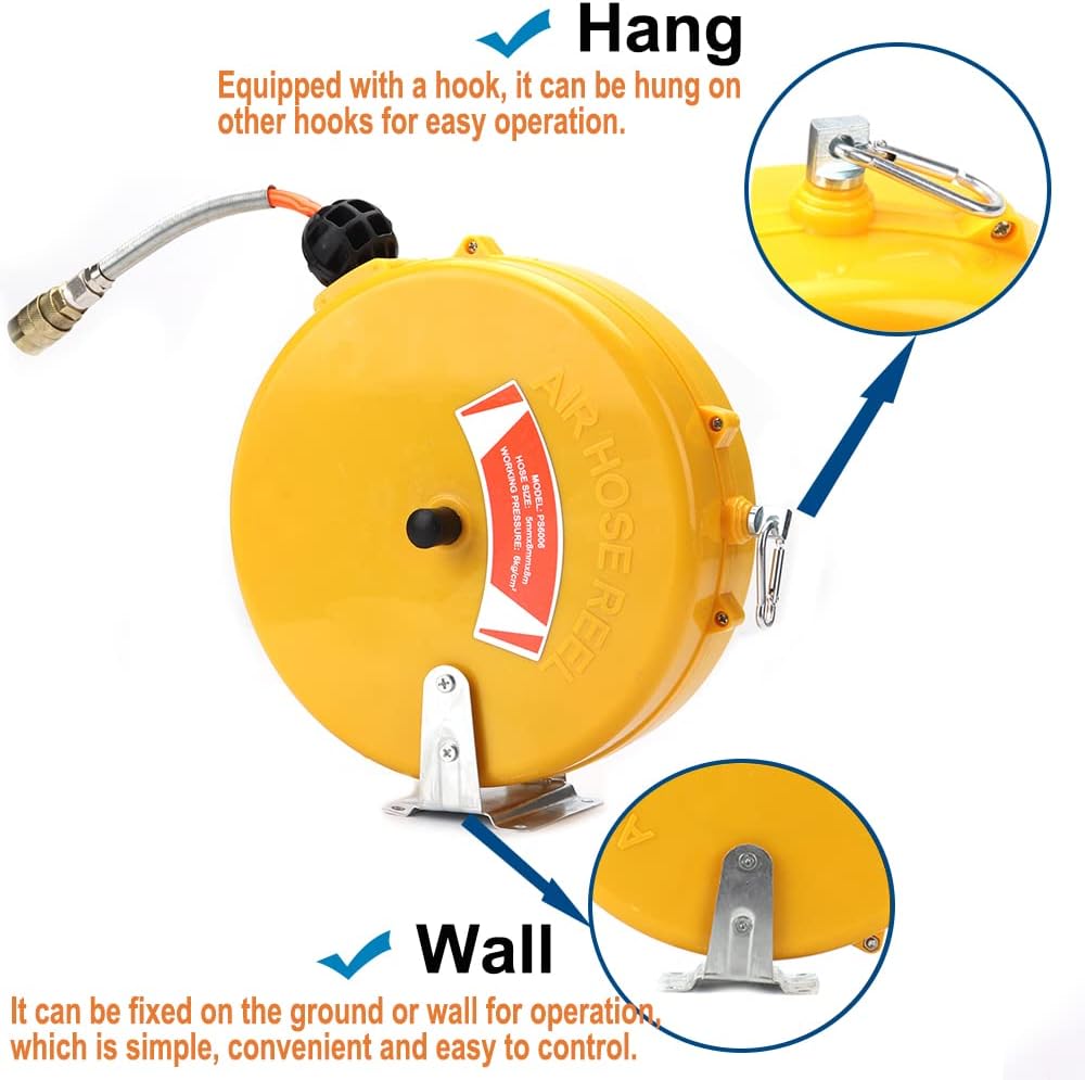 Retractable Mini Air Hose Reel 1/4in. x 26ft. Compact & Impact-resistant Poly Hose Reel Pneumatic Hose, with Auto-Guide Rewind & 360° Swivel Mount