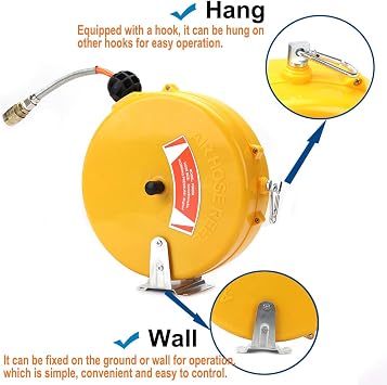 Retractable Mini Air Hose Reel 1/4in. x 26ft. Compact & Impact-resistant Poly Hose Reel Pneumatic Hose, with Auto-Guide Rewind & 360 Swivel Mount