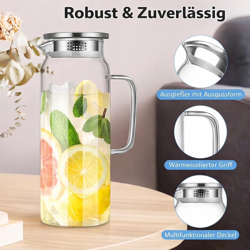 2 caraffa in vetro con coperchio, 2 l, brocca in vetro trasparente per caraffa, brocca borosilicata con manico per acqua calda e fredda, succhi di frutta, latte, tè, caffè e bevande in frigorifero