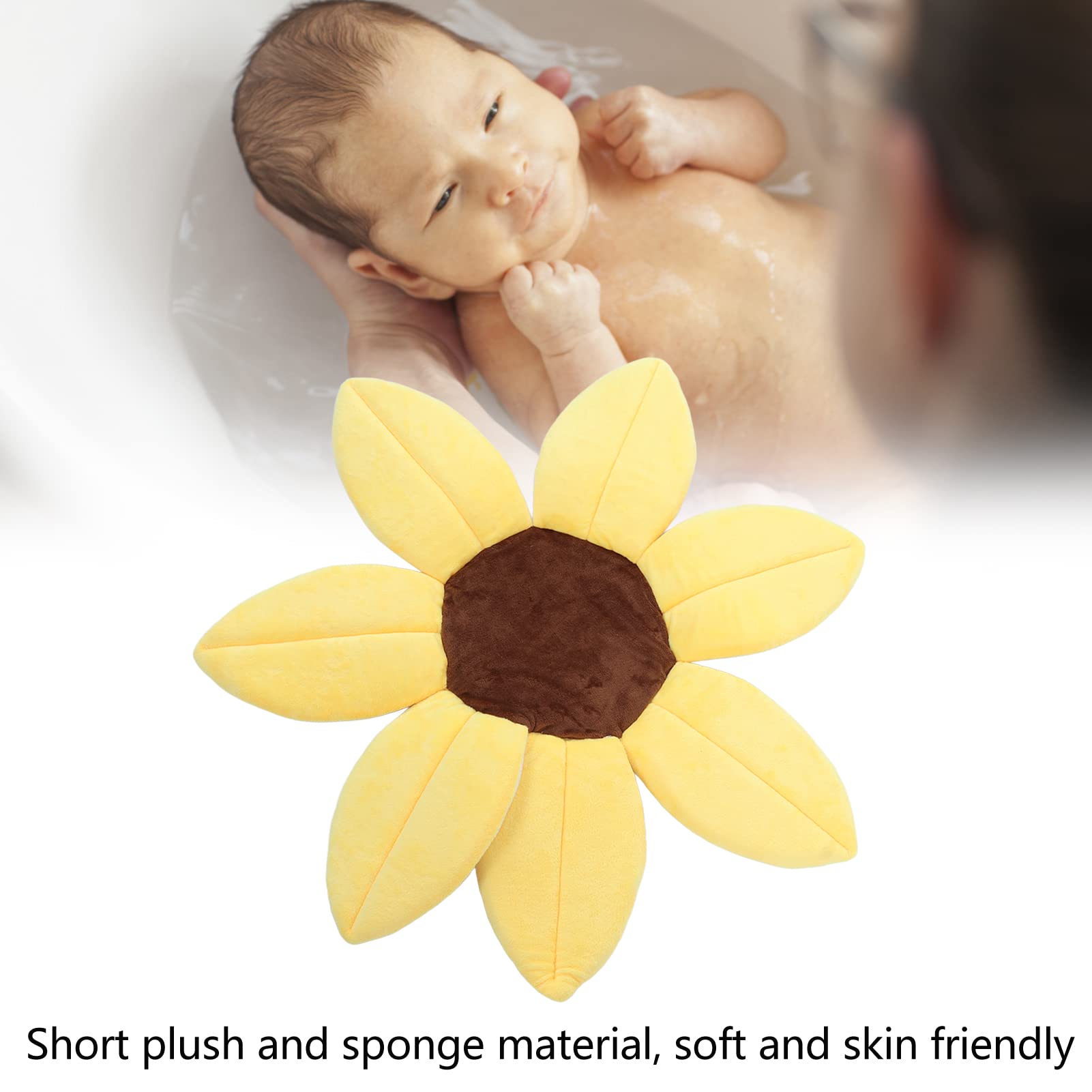 AMONIDA Badeblumen, Baby-Badepad in Sonnenblumenform, Gelb, Plüsch und Schwamm, Kopf- und Nackenstütze während des Badens, sicheres und bequemes Baden für Babys und Kleinkinder