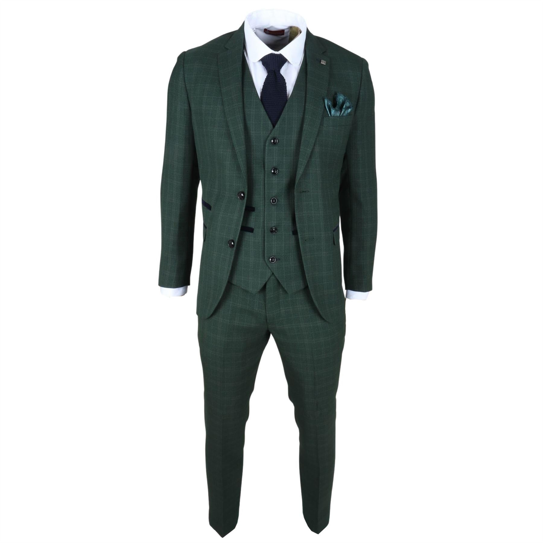 Men's Suit Green 3 Piece Checked Tailored Fit Formal Dress - Green 48