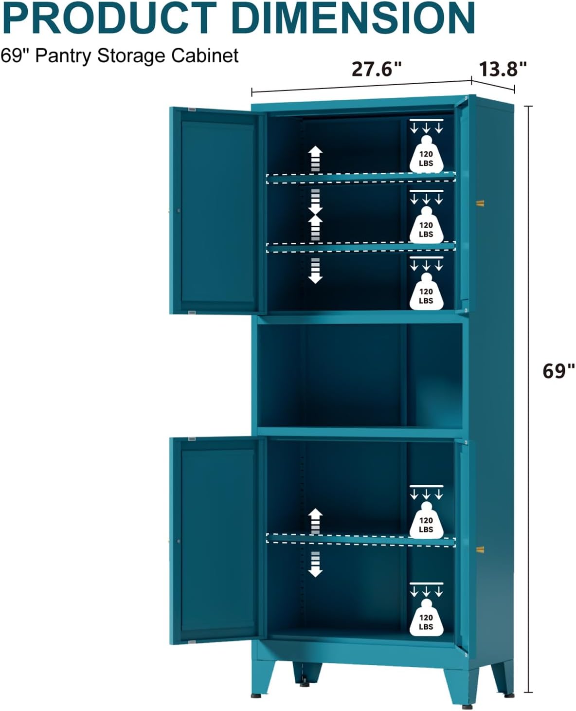 Metal Kitchen Pantry Cabinet, 69" Tall Blue Storage Cabinet with 4 Doors and 3 Adjustable Shelves, Freestanding Cupboards with Microwave Stand for Dining Room, Living Room, Bathroom