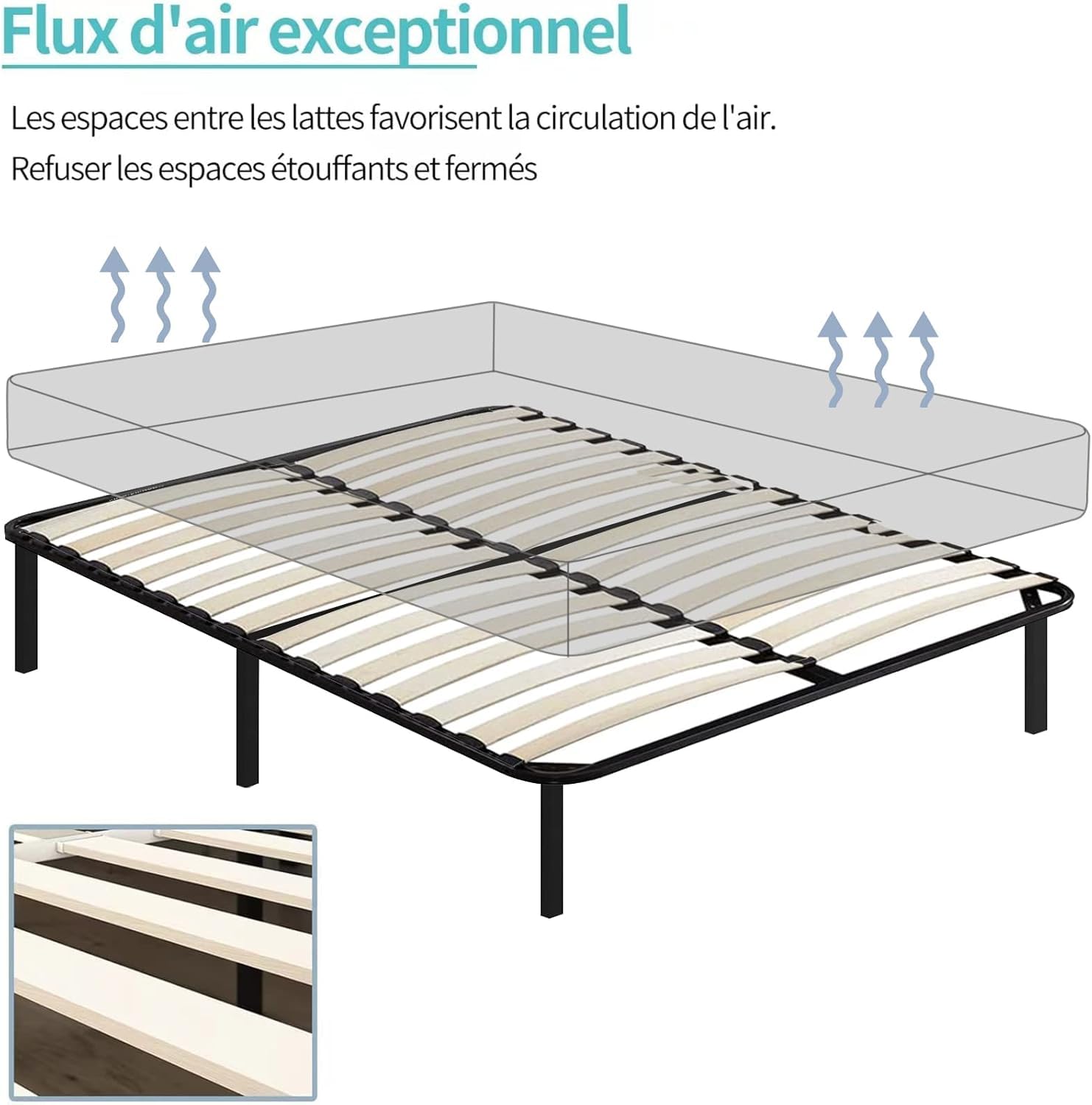 IZTOSS Sommier 140x190, Sommier en Bois à Lattes, Structure Métal Renforcée, 7 Pieds Antidérapants Silencieux(140x190-7 Pieds)