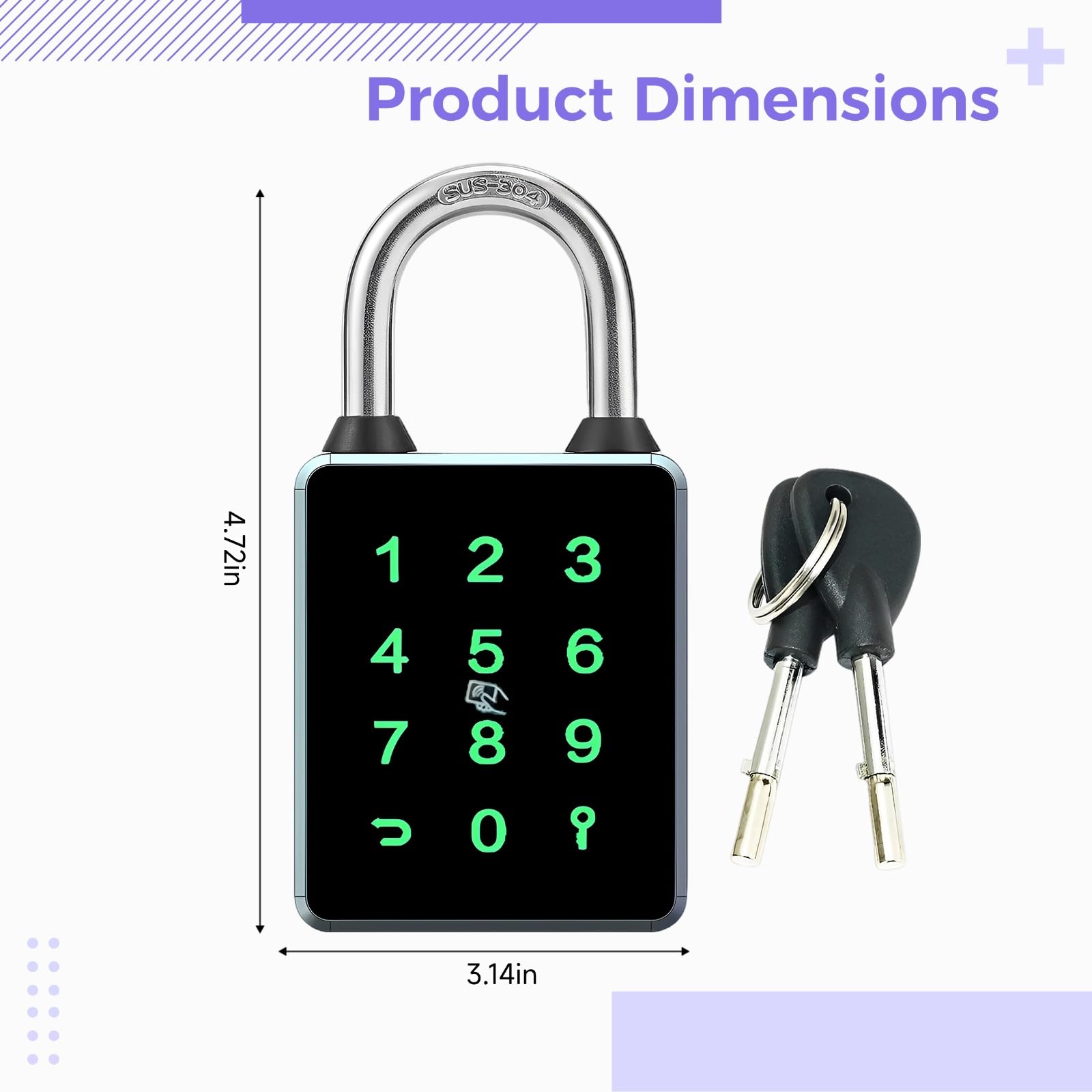 Candado inteligente, azul grisáceo, control inalámbrico de aplicación, desbloqueo de huellas dactilares y teclado, para uso en exteriores e interiores, acero inoxidable, aleación de metal, plástico