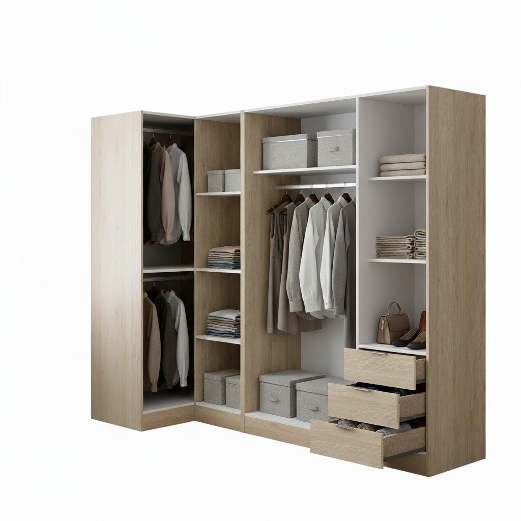 Dmora - Großer Kleiderschrank Succiso, Eckschrank für Schlafzimmer, Eckschrank mit 5 Flügeltüren, 214 x 91 x 184 cm, Eiche