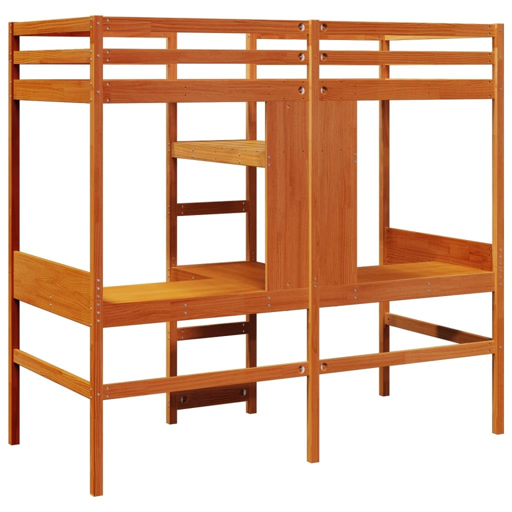 Cama Alta de Madera Maciza de Pino marrón Cera 80x200 cm con Estructura Resistente, Base de Listones, barandillas, Escalera incorporada, Almacenamiento Debajo