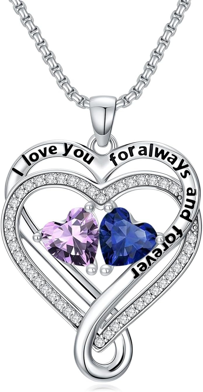 I Love You for Awlays and Forever Double Heart Necklace with Birthstone, 2 Birth Stone Jewelry Anniversary Valentines Mothers Day Christmas Birthday Gifts for Women Her Wife Girlfriend Mom Mother
