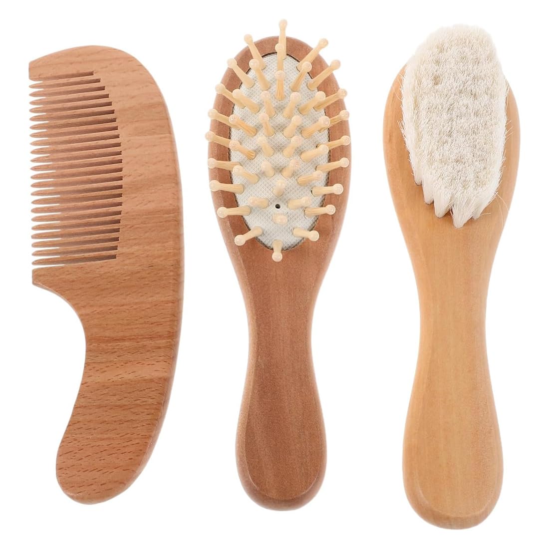 Brosse Cheveux Bébé, 3 Pièces, Bois Naturel Brun, Poils De Chèvre Doux, Pour Nourrissons Tout-Petits, Dimensions 15Cm Longueur X 4Cm Largeur