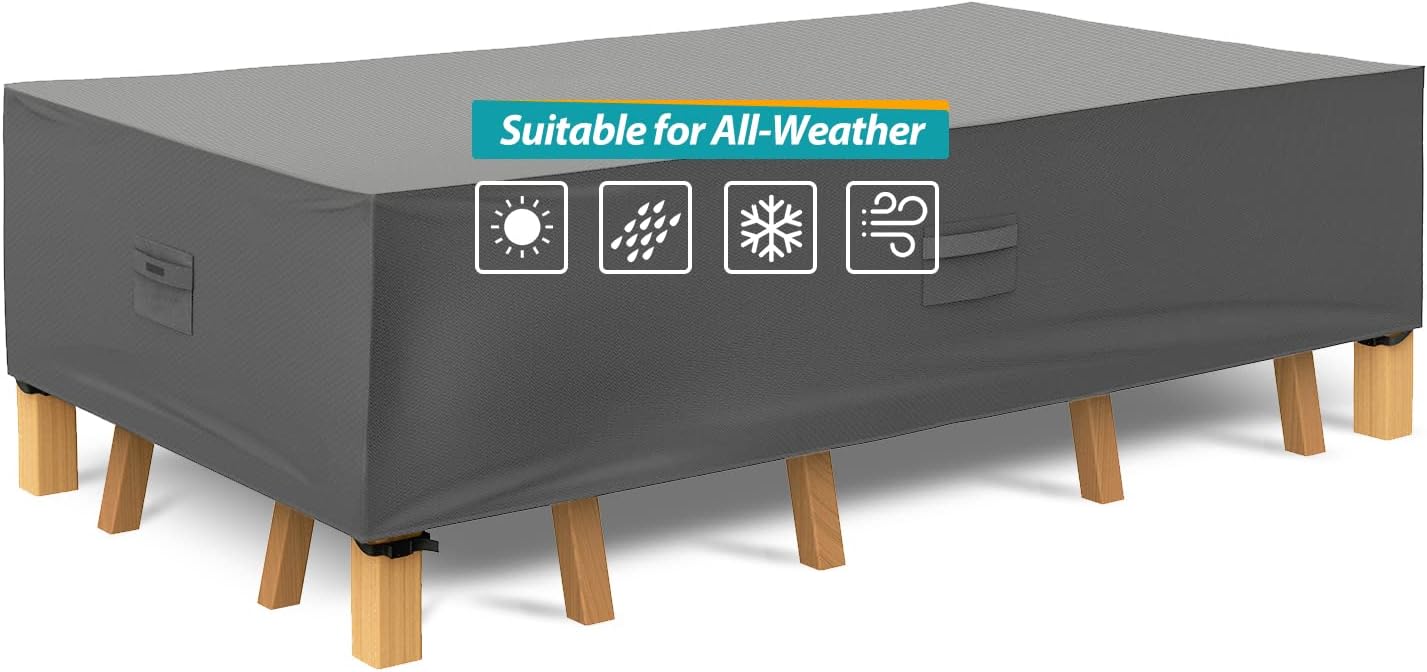 Patio Watcher Patio Furniture Covers Durable & Water Resistant Outdoor Rectangle Table Cover with Secure Buckle Straps-Grey-L-108 L x 82" D x 23" H
