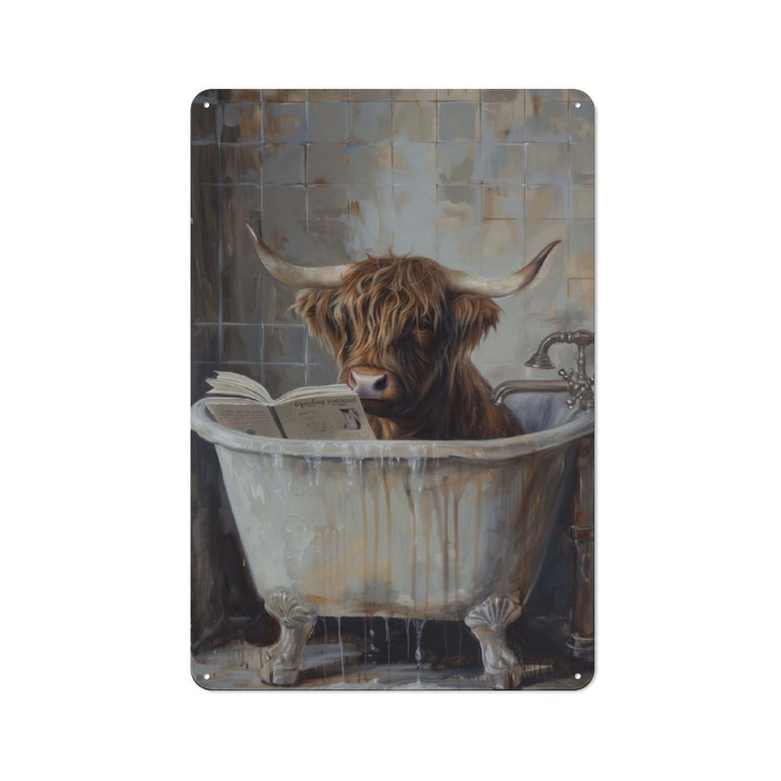 Junmoney Highland Cow Bathtub Book For Lounge Or Reading Corner, Retro Metal Sign 30X20cm, For Metal Sign Collectors, For Garage And Workshop Walls