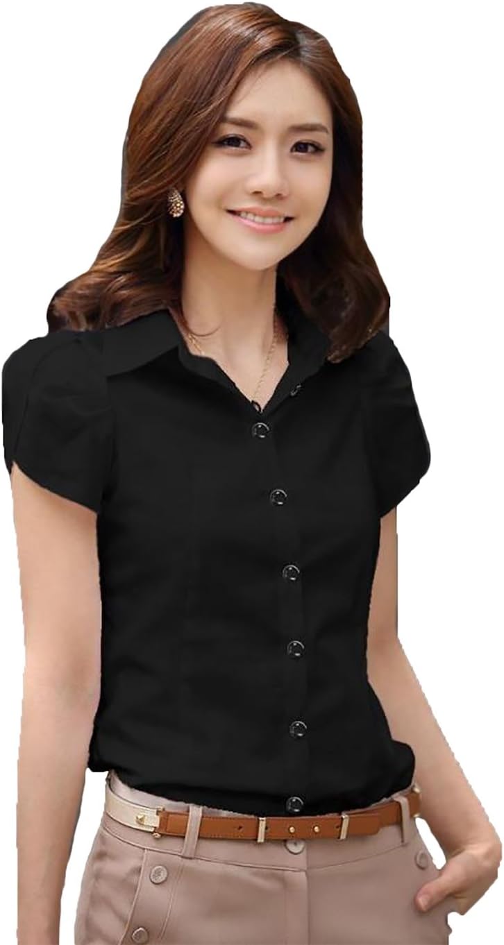 Women Summer Short Sleeve Shirt Casual T Shirts Black White Formal Work Wear (Medium, White)