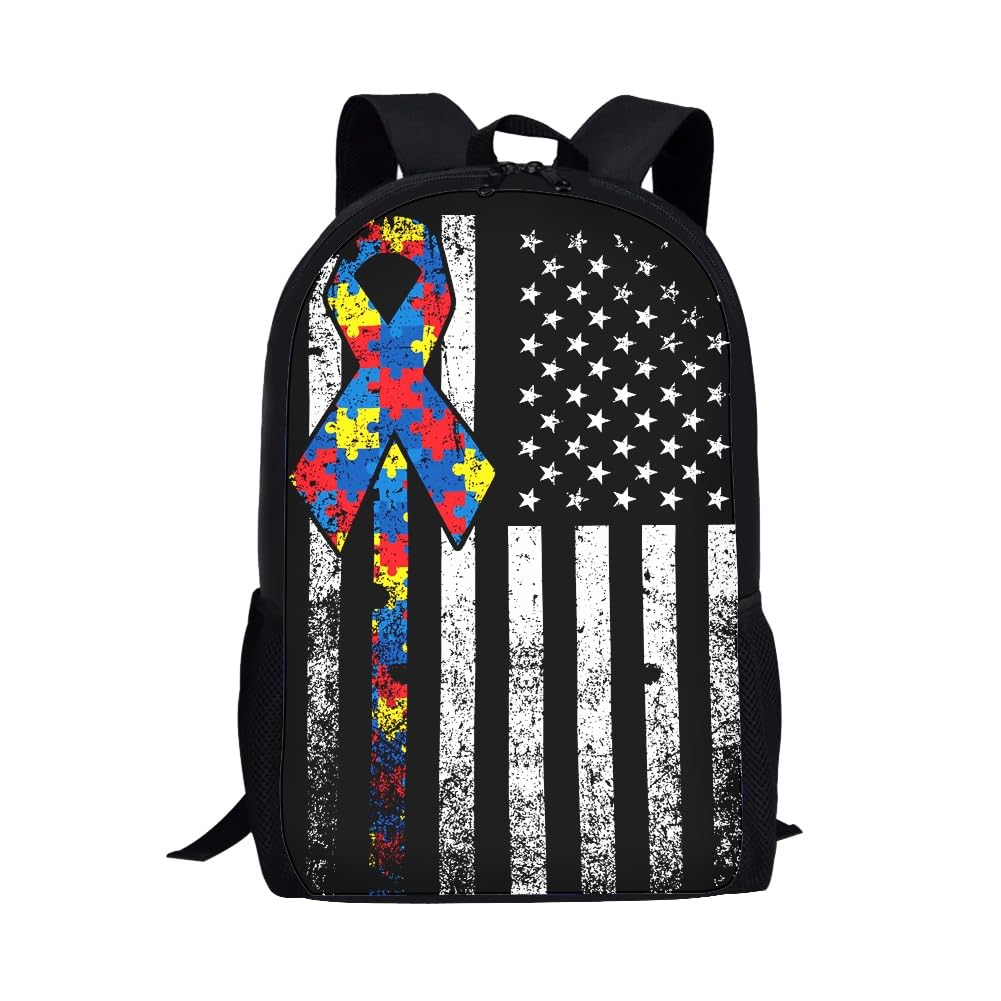 Autism Awareness American Flag School Backpack For Girls Boys Kids,Lightweight Elementary Student Bookbag Perfect for Back to School