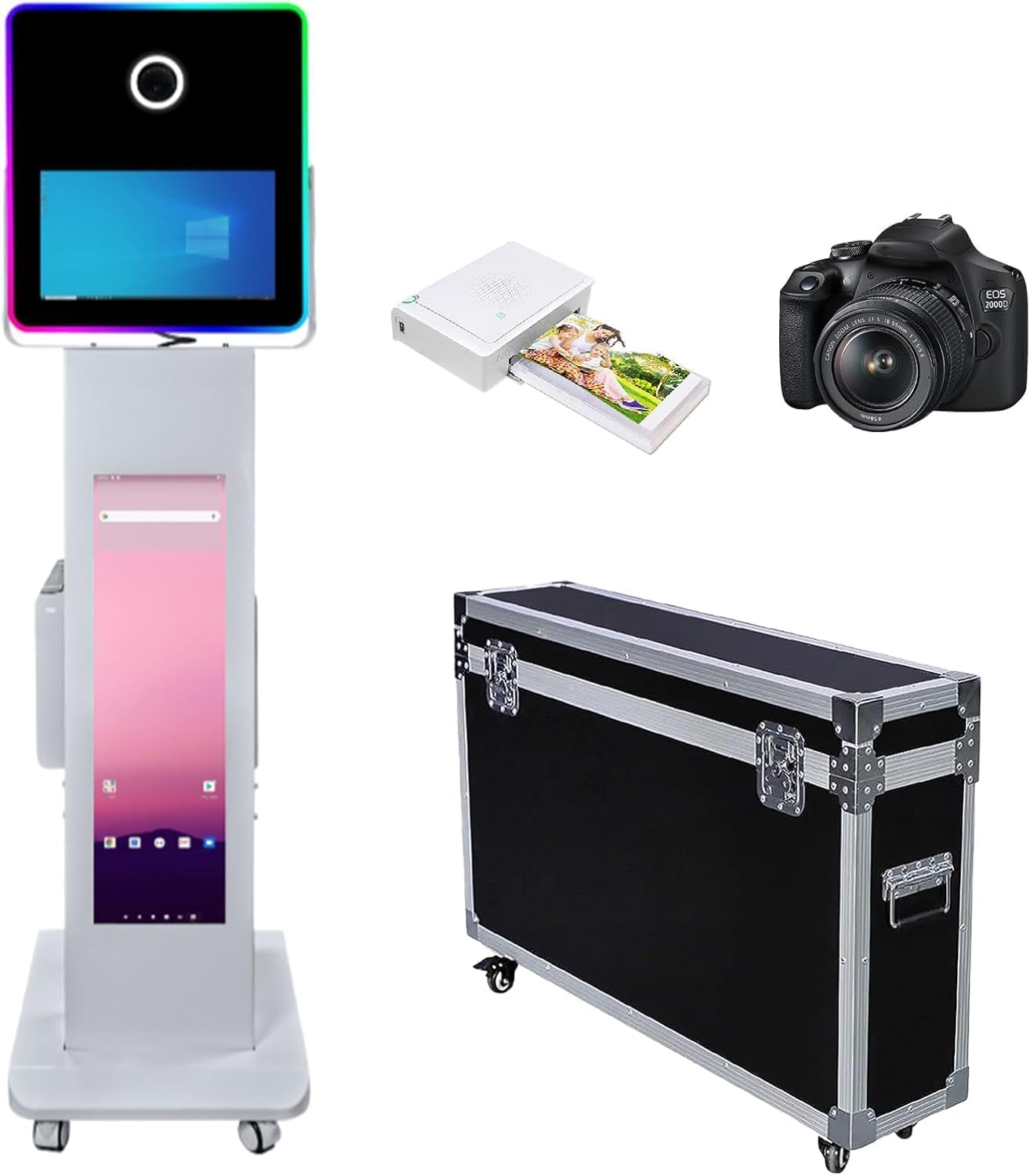 15,6-calowy aparat fotograficzny DSLR z ekranem dotykowym LCD, przenośna kamera, fotobudka, walizka lotnicza, opakowanie na wesela, imprezy, wydarzenia (biała maszyna, pełny zestaw)