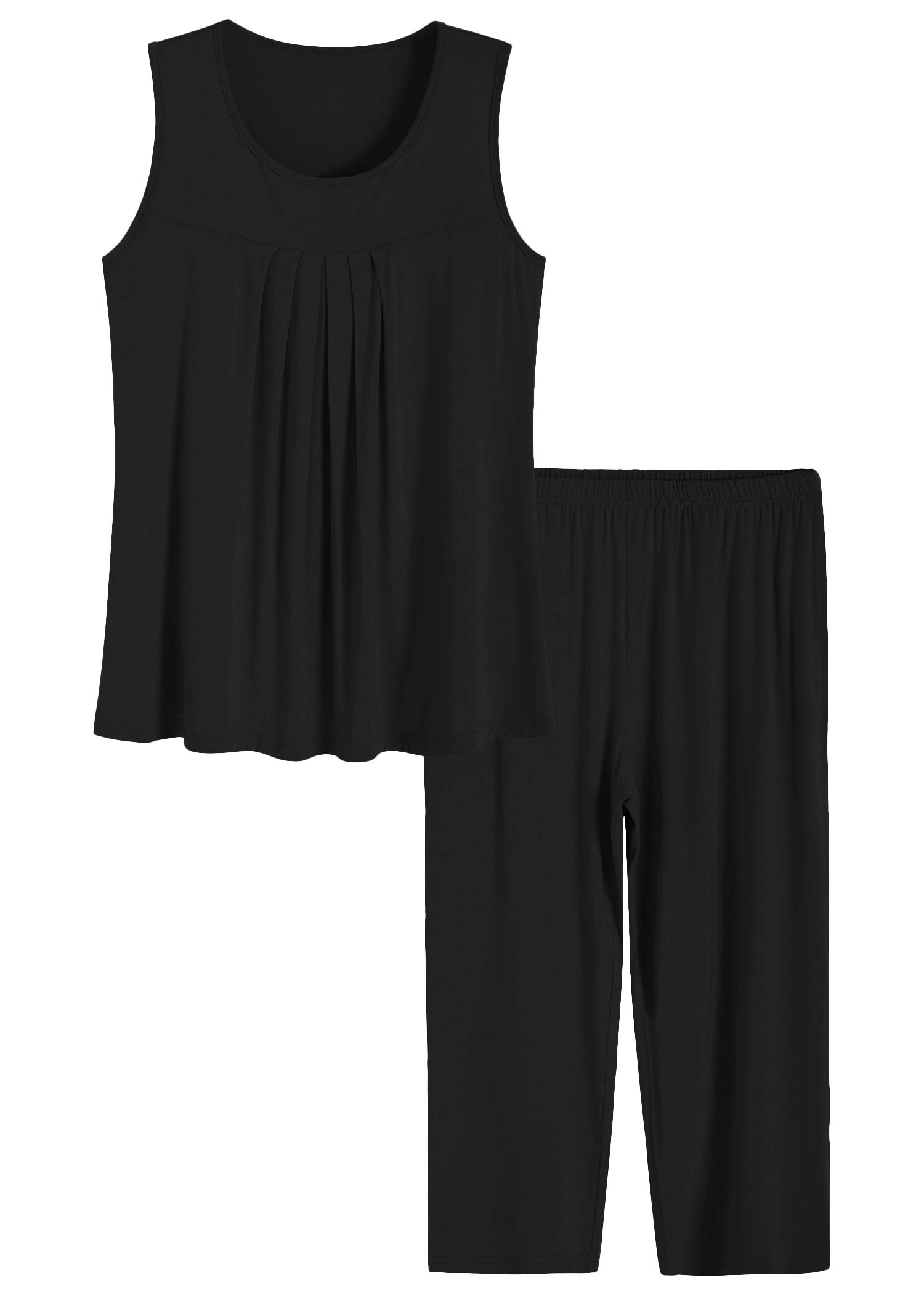 Latuza Women's Summer Pleated Tank Top Capris Pajamas Set XX-Large Plus Black