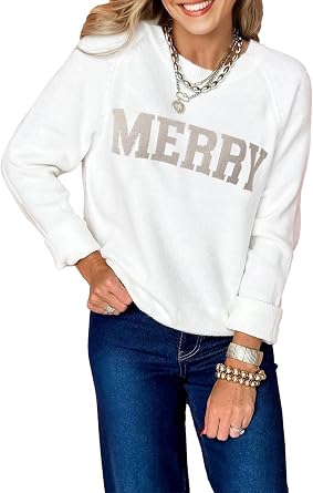 KevaMolly Womens Long Sleeve Sweaters Merry Letter Pattern Christmas Raglan Sleeve Sweater Holiday Pullover Tops