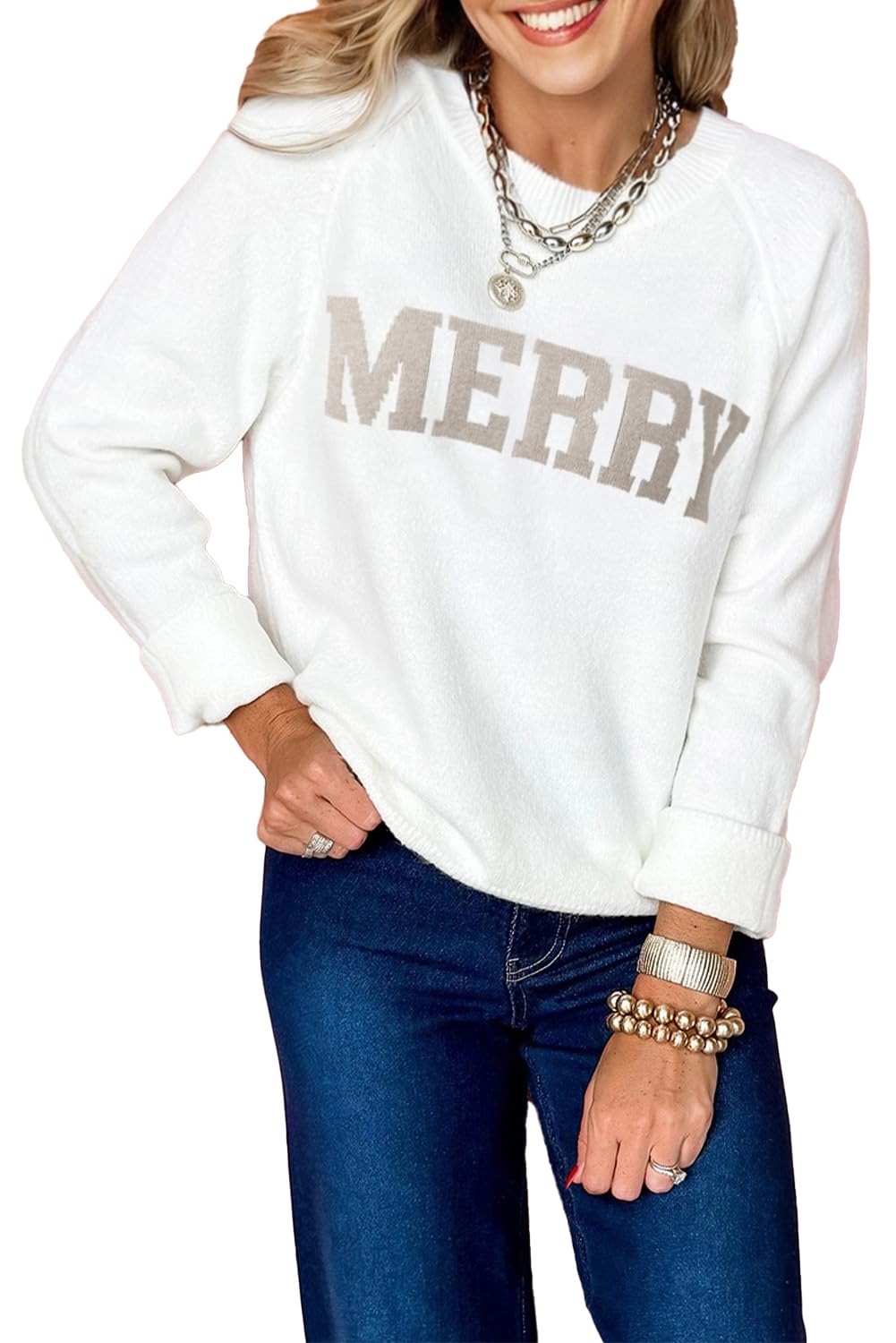 KevaMolly Womens Long Sleeve Sweaters Merry Letter Pattern Christmas Raglan Sleeve Sweater Holiday Pullover Tops