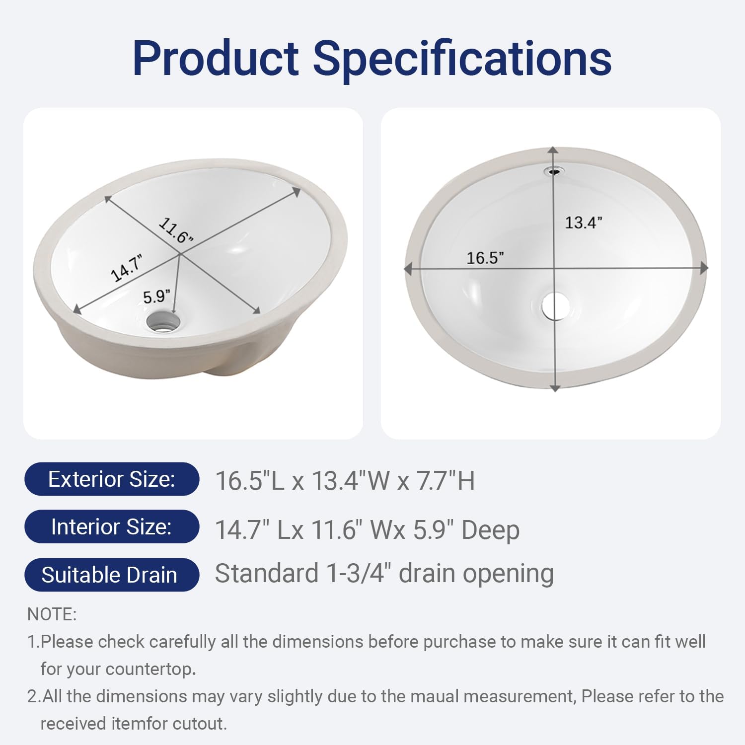 16.5"x13.4" Oval Shape Small Undermount Bathroom Vessel Sink, Ceramic White Vanity Top Sink with Overflow