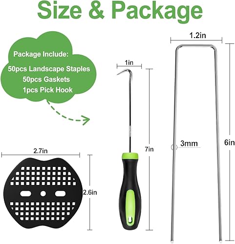 Miniatura 2 de FOTMISHU Grapas de paisaje de 6 pulgadas, 50 estacas de jardín + 50 juntas, pasadores de césped galvanizados con recubrimiento en aerosol para