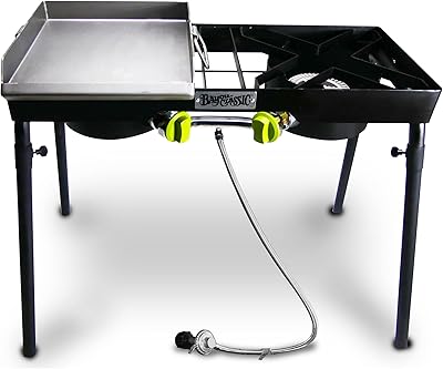 Bayou Classic PS215 Dual Patio Camp Stove w/Single Griddle Features Dual 6-in Cast Aluminum Burners 27-in Tall Cooker 13.5-in x 13.5-in Square Removable Griddle Perfect For Backyard Chefs Tailgates