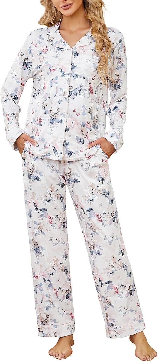 LYCY Conjuntos de Pijama para Mujer Estampado Floral, Conjunto de Pijamas con Botones de Manga Larga para Mujer Ropa de Dormir Suave Pijamas Ropa de salón de 2 Piezas
