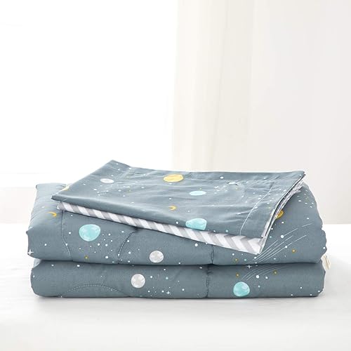 Miniatura 3 de Juego de ropa de cama para niños con diseño de planeta espacial gris y verde, incluye adorable edredón acolchado, sábana bajera, sábana superior y
