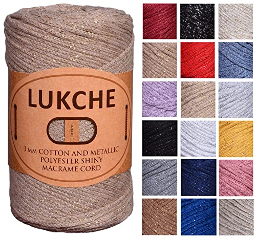 Lukche Cotton And Polyester Shiny Macrame Cord 3Mm 224 Yards, 75% Cotton, 25% Metallic Polyester, Colorful Crochet Macrame Bag Craft For Wall Hangers, Bags, Bottom Plates, Carpets (Brown Gold) #TOP10