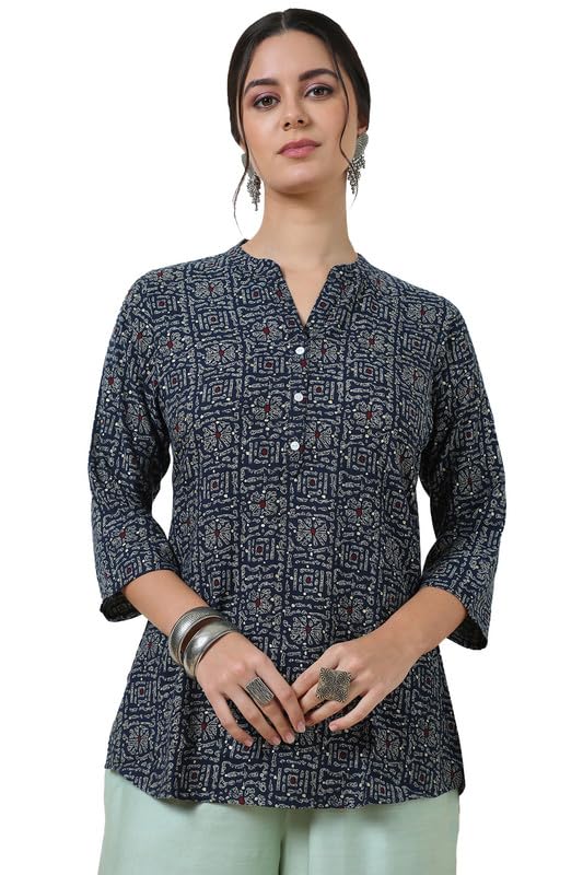 Womens Navy Blue Foil Print Rayon Slub Tunic-image-7