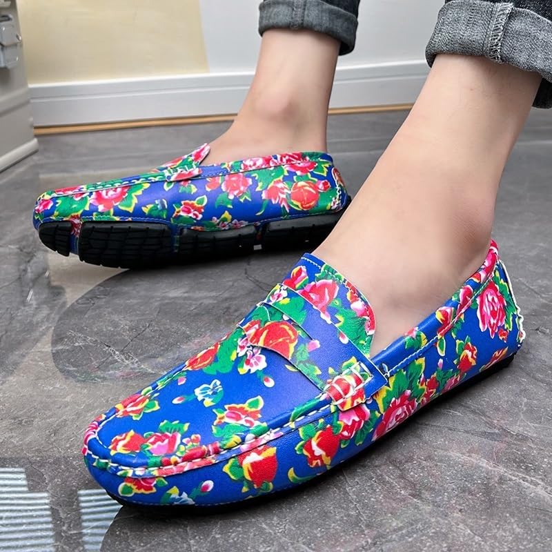Mens Loafers Shoe Square Toe Leather Floral Two Tone Resistant Anti-Slip Flat Heel Fashion Casual Slip On4