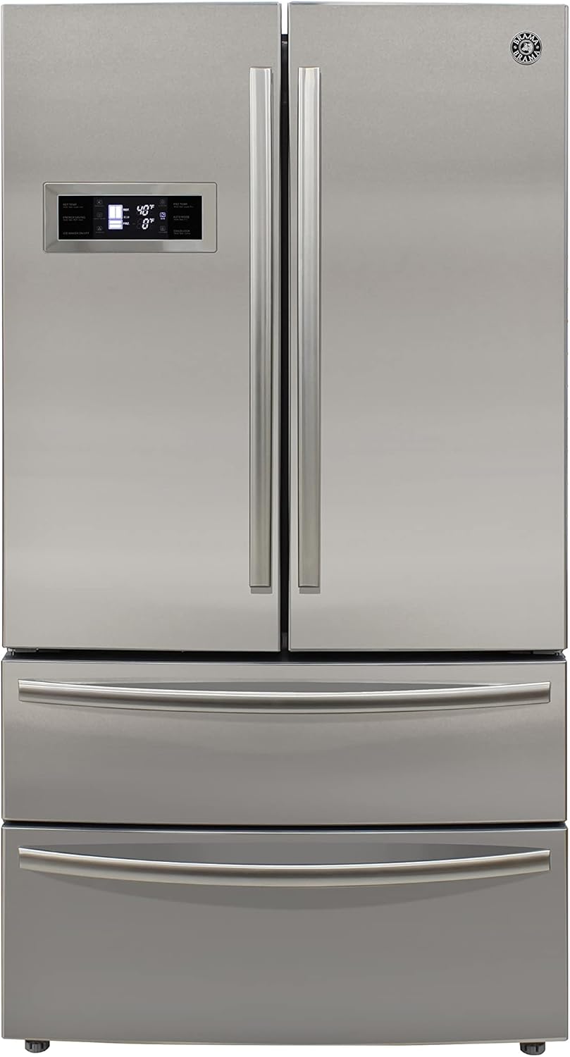BRAMA French Door Refrigerator with Ice Maker and Dual Drawer Bottom Freezer, 20.7 Cu.Ft. Capacity with Adjustable Shelves Counter Depth Stainless Steel Exterior, 36-Inch, Metallic product image