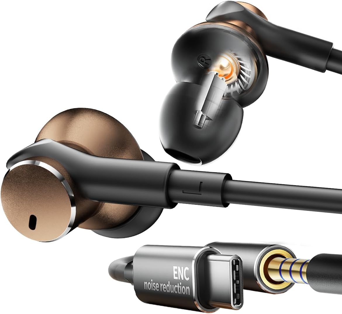 Dynamic Balanced Deep Bass In-Ear Headphones-Noise cancelling Wired Earbuds with Dual-Driver Bass Boost ear bud Noise Isolation-Clear Call and High-Resolution Audio,Noise Cancellation (USB C+3.5mm)