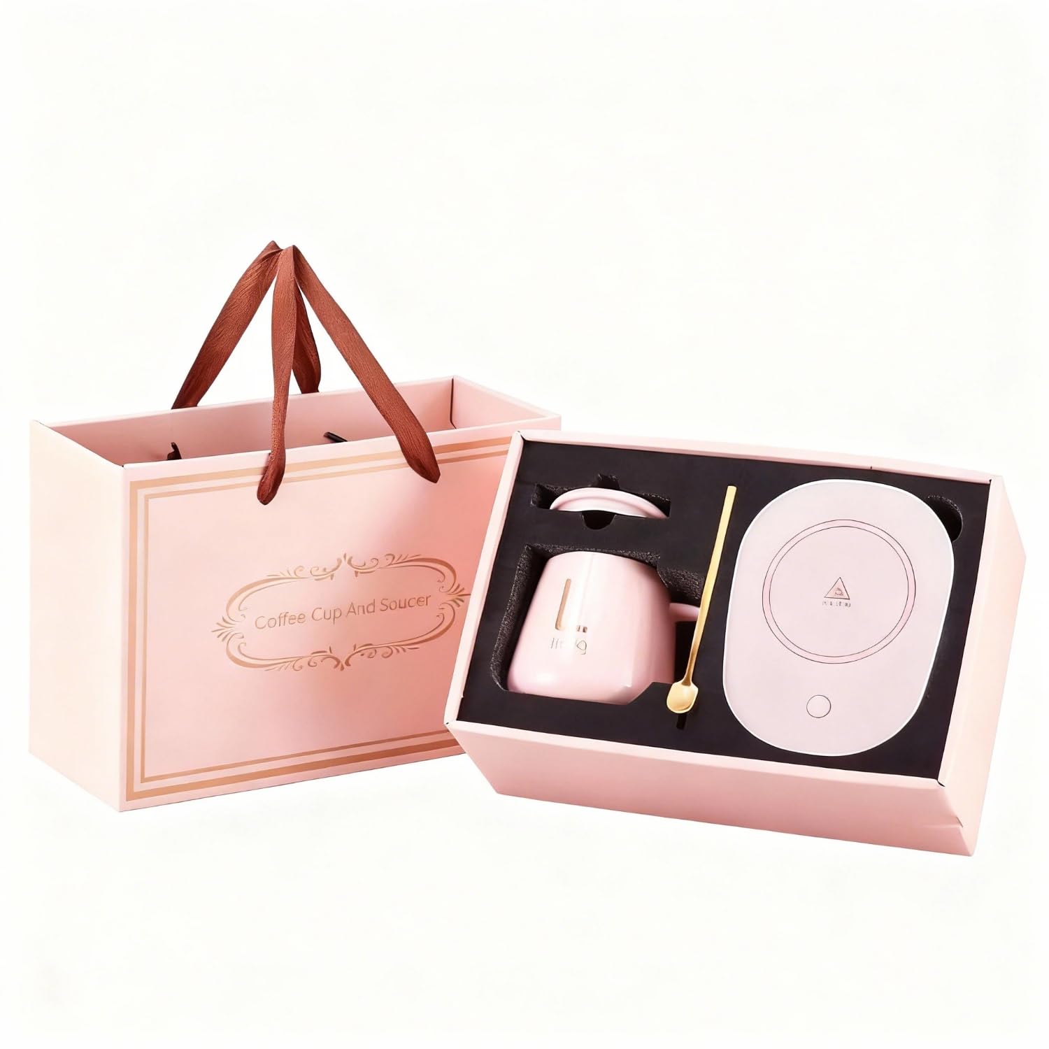 Taza de café USB rosa con calentador para mantener tu bebida caliente en la oficina
