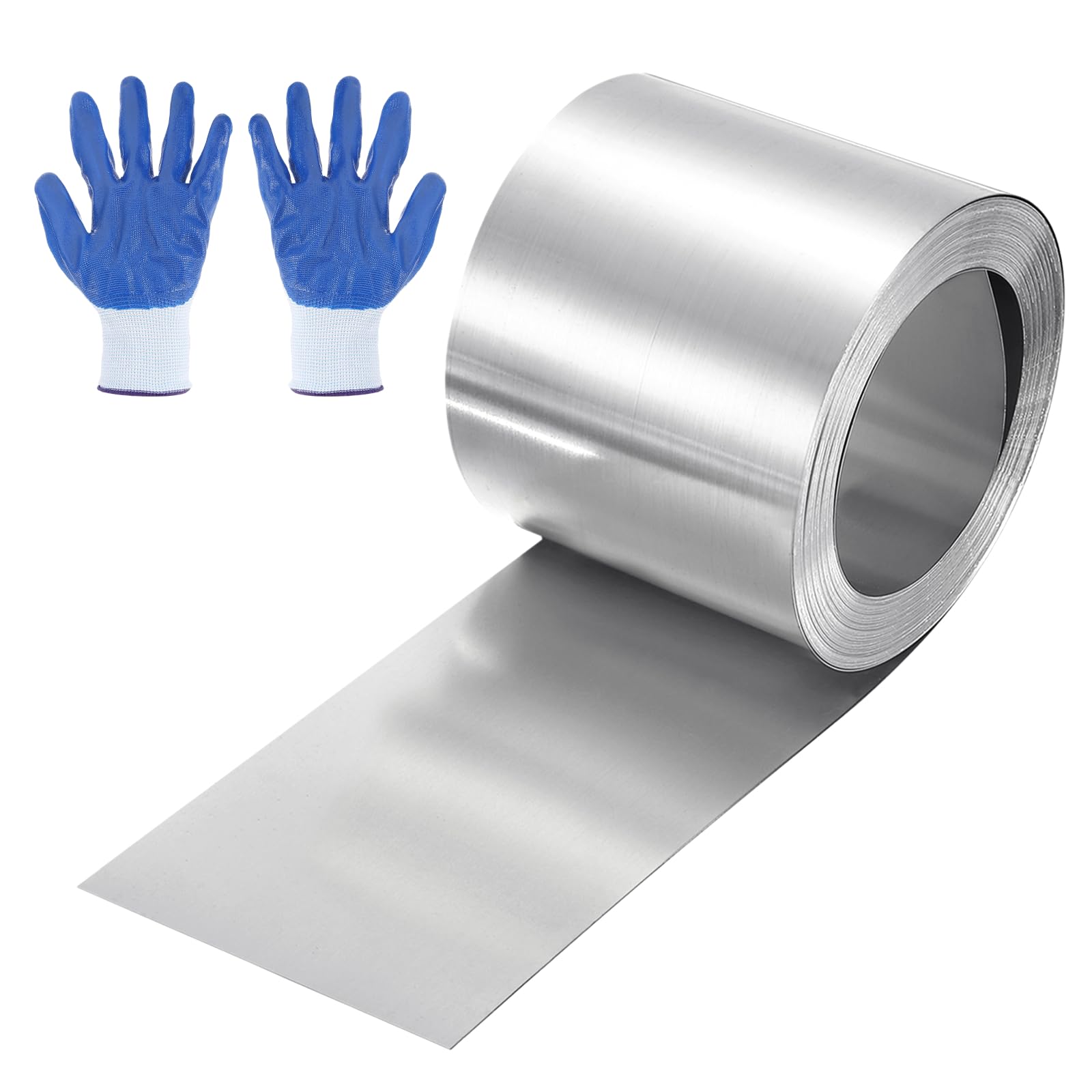 sourcing map 118" x 2" Aluminum Flashing Roll, 1060 Aluminum Roof Panels 0.2mm Thickness Metal Roofing Strip with Nitrile Gloves for DIY Roofing Repair, Craft Metal Sheet, Silver