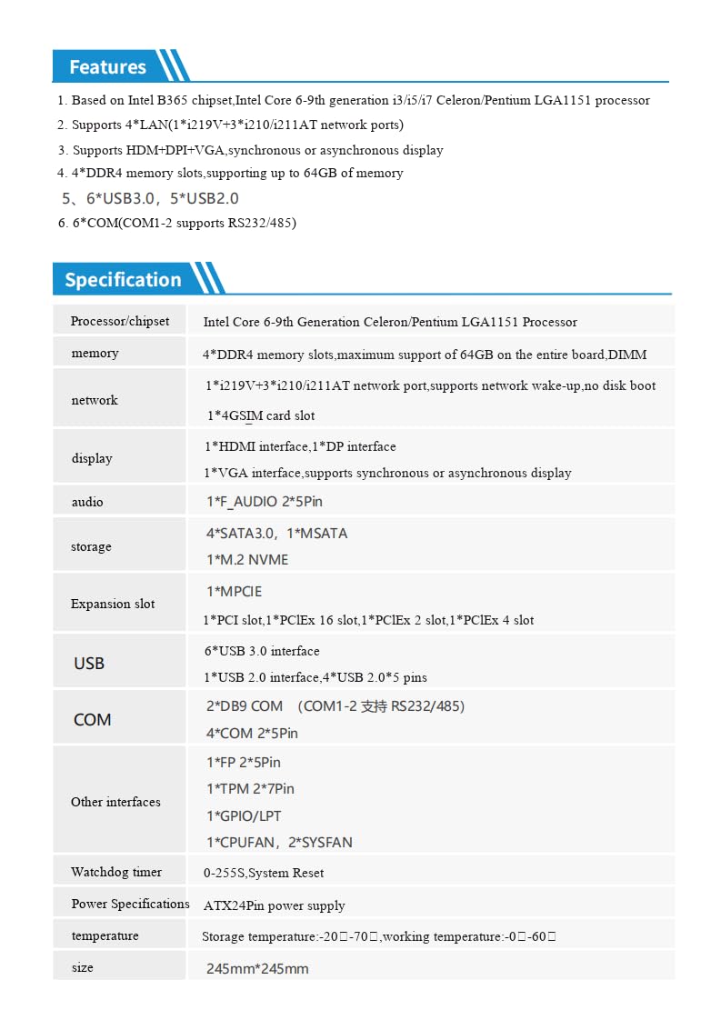 Scheda madre LGA 1151 B365, Micro ATX, supporta Core 6-9a generazione i3/i5/i7 Celeron/Pentium, 4 * DDR4 MAX 64G, PCIe 3.0 x16, HDM+DPI+VGA, Gigabit LAN, scheda madre per PC desktop industriale