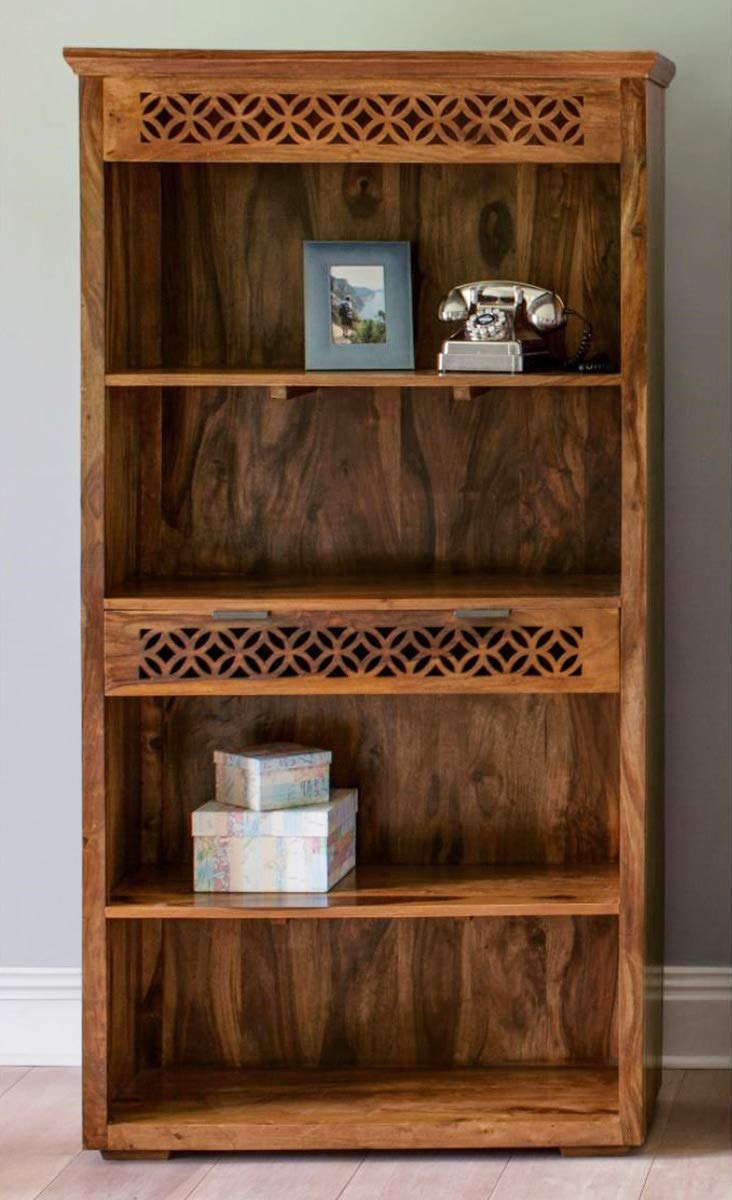 Multipurpose Sheesham Wood Open Book Shelf with 4 Shelf & 2 Drawer Solid Wooden Books Almirah Stand Books Rack for Home Study Room - Honey Finish-picture-11