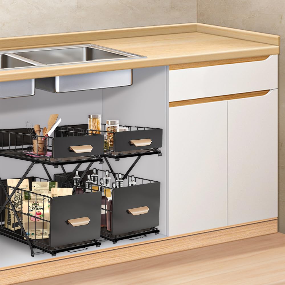 HUOLE Organizador Debajo del Fregadero,con cestas deslizantes extraíbles,para de armarios, encimeras, escritorios, para casa, Oficina, baño, Cocina, Habitaciones,40 * 26 * 43cm-negro-2pc