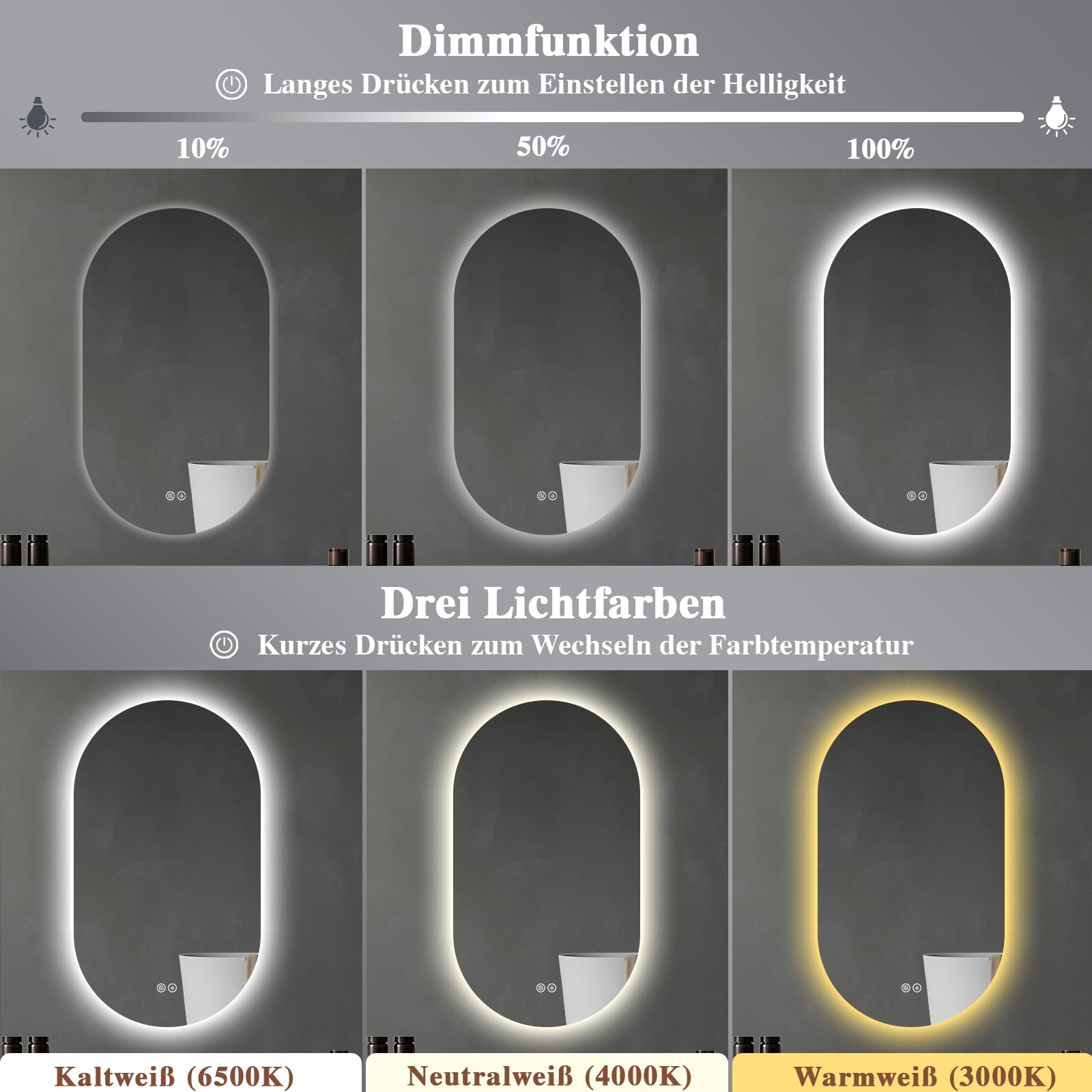 Archaluxe Badspiegel mit Beleuchtung 60x100 cm, Oval LED Badezimmerspiegel – Ansicht 4