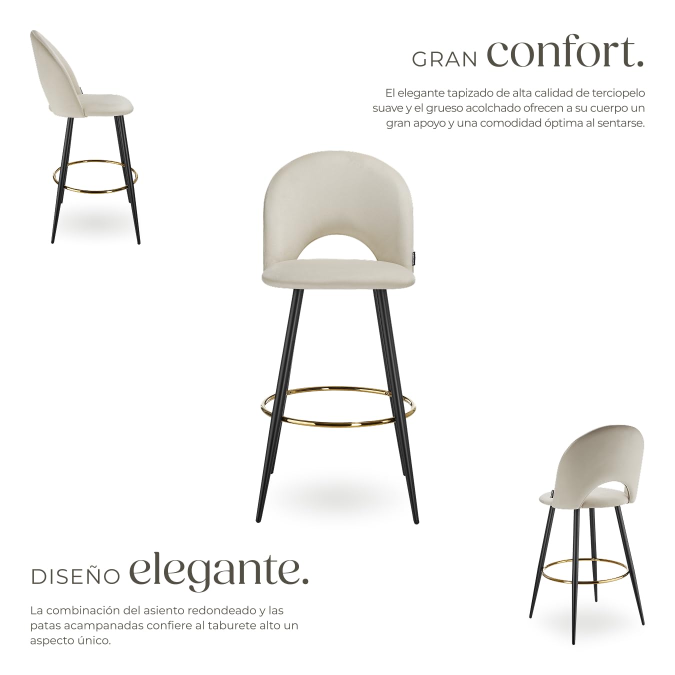 tectake® Taburete Alto Cocina con Respaldo, Acolchado, Terciopelo Suave, Taburete Bar con Patas de Acero, Reposapiés y Pies Antideslizantes, Silla Cocina o Bar, Banqueta - 2 sillas, Crema/Negro