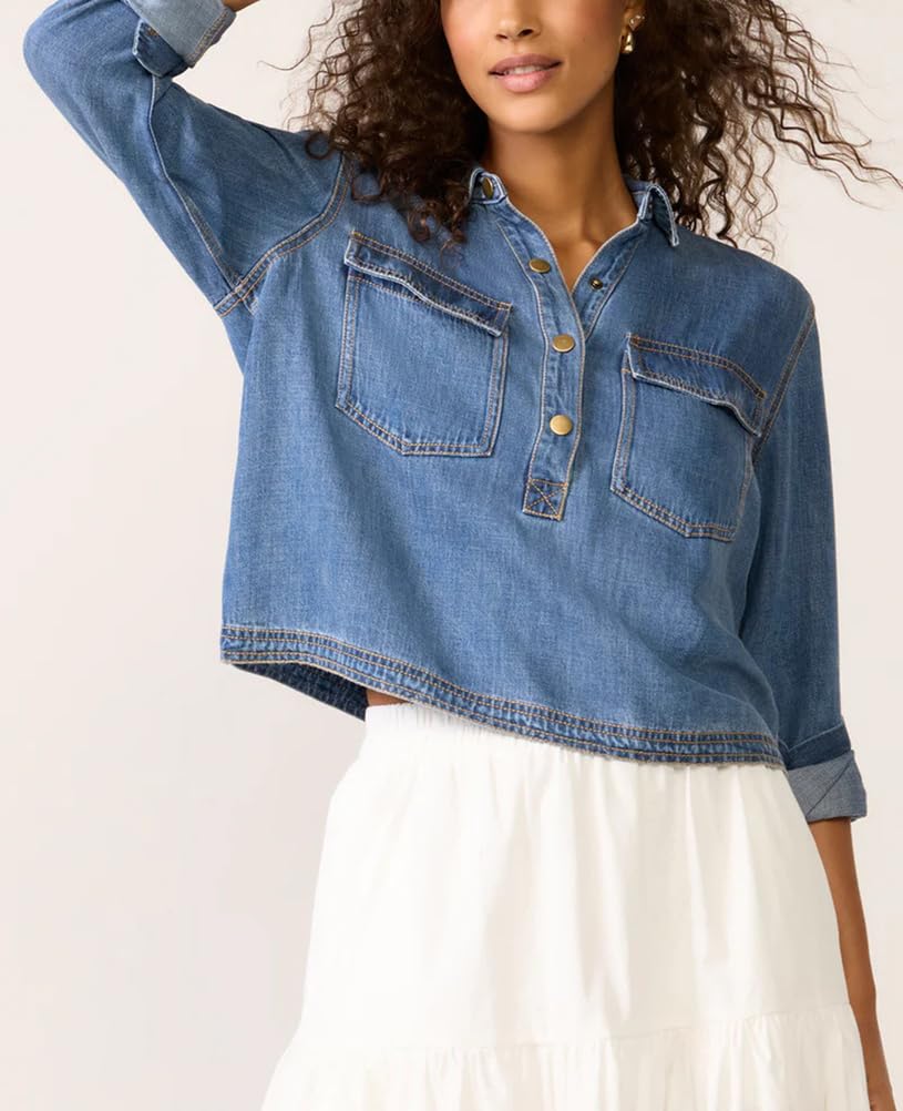 Chemise en Jean Décontractée pour Femmes À Col en V Manches Longues Boutonnée Et À Enfiler